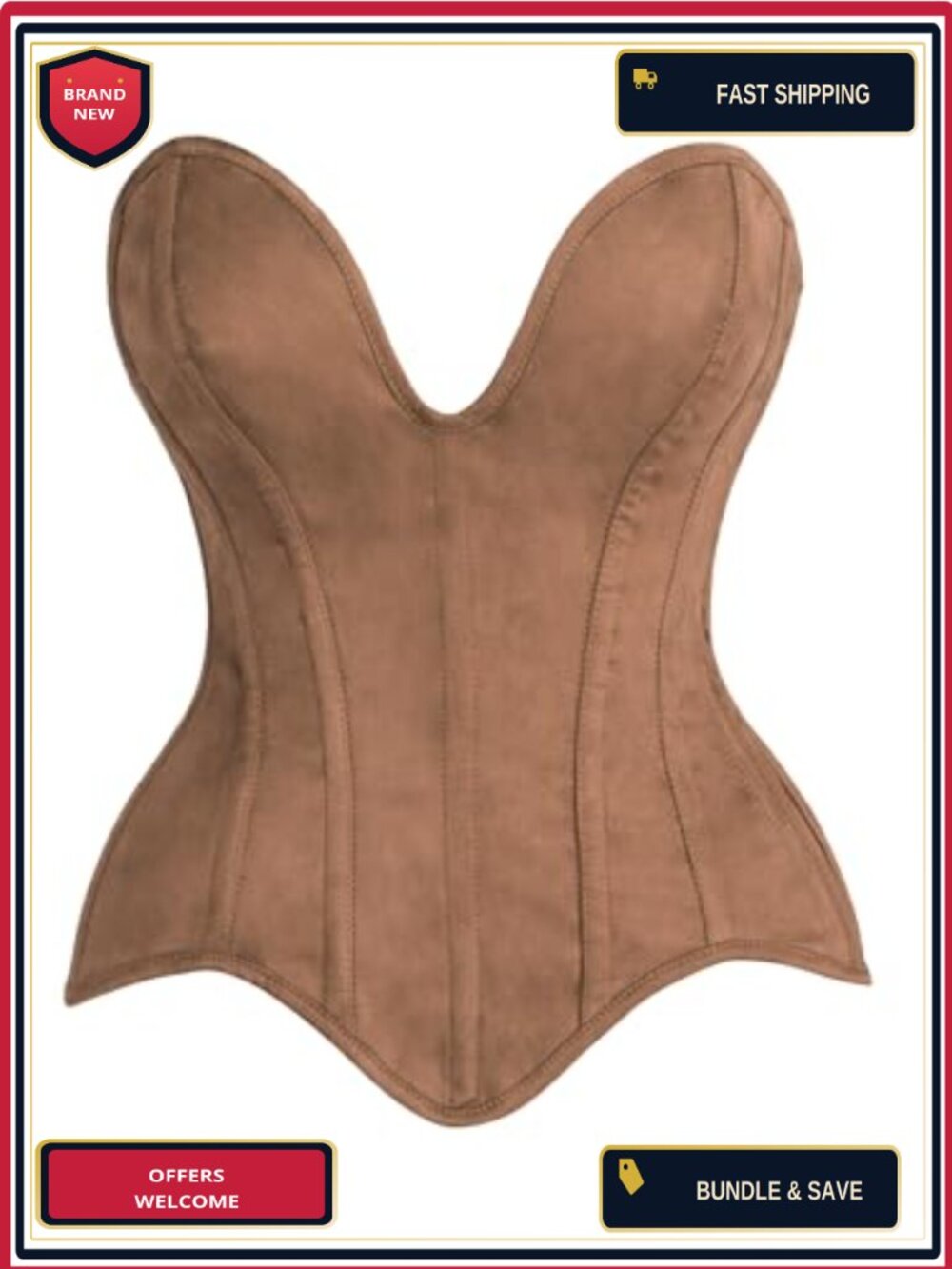 Suede steel boned corset top with plunge neckline and side zipper